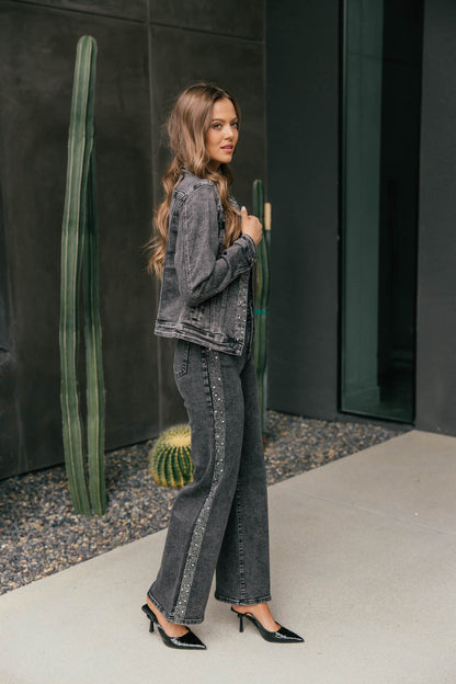 The "After Dark" Rhinestone Straight Leg Jean - Grey