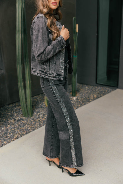 The "After Dark" Rhinestone Denim Jacket - Grey