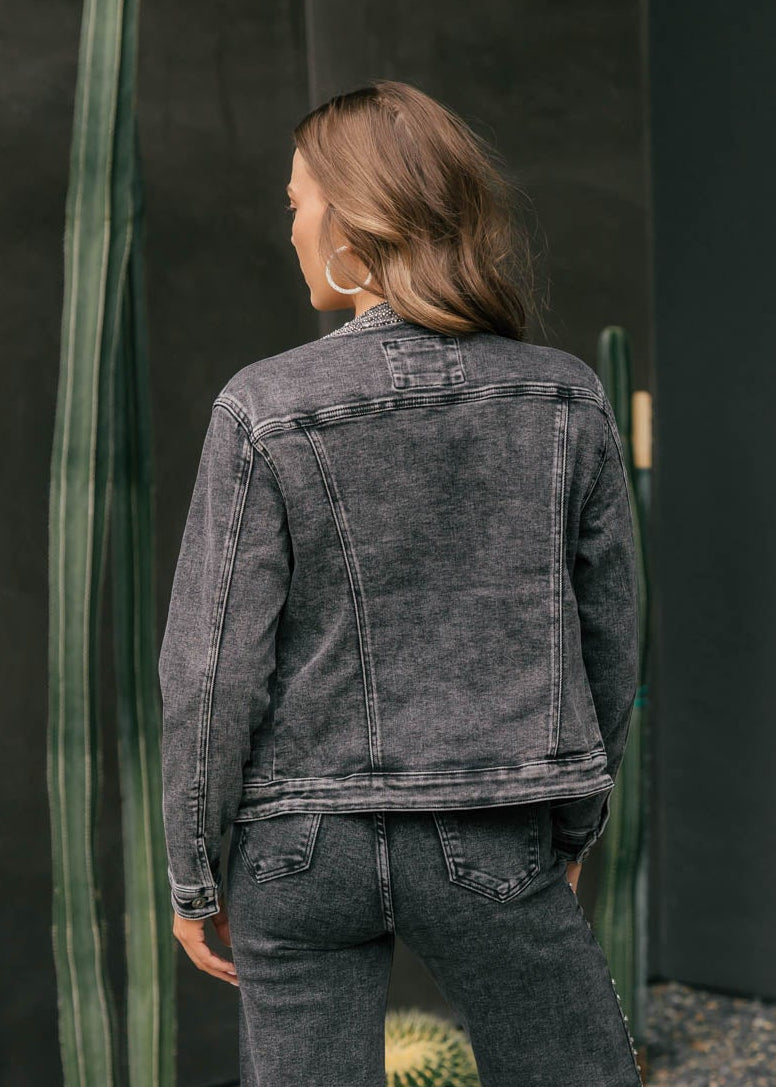 The "After Dark" Rhinestone Denim Jacket - Grey