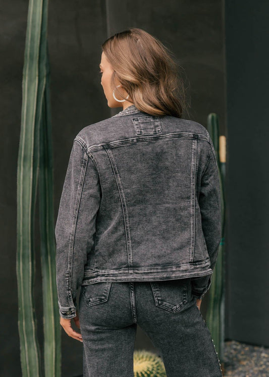 The "After Dark" Rhinestone Denim Jacket - Grey
