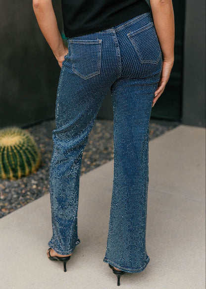 The "Icon Status" Rhinestone Straight Leg Jean - Dark Denim