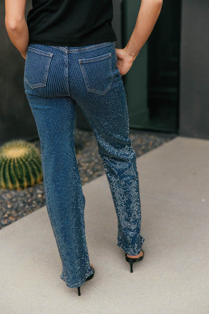 The "Icon Status" Rhinestone Straight Leg Jean - Dark Denim