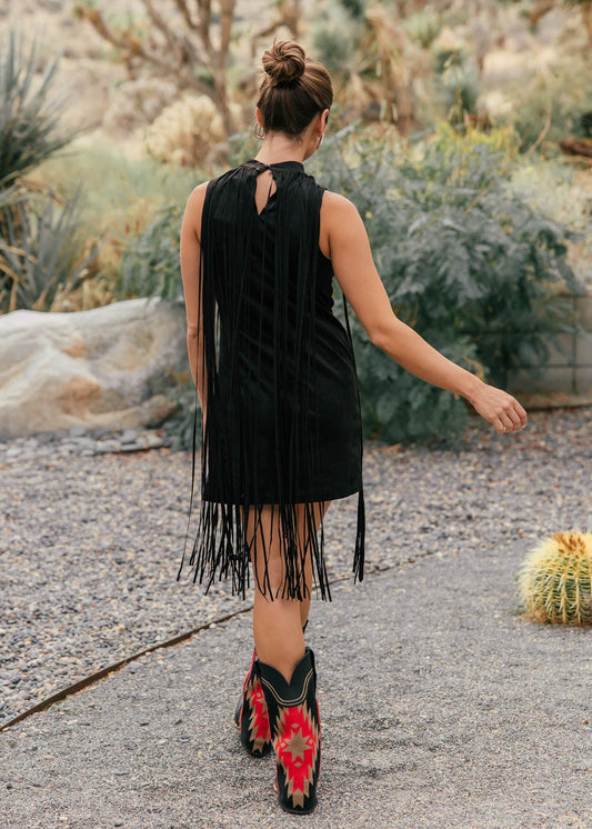 The "Prescott" Fringe Faux Suede Dress in Black