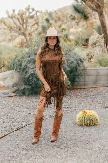 The "Prescott" Fringe Faux Suede Dress in Brown