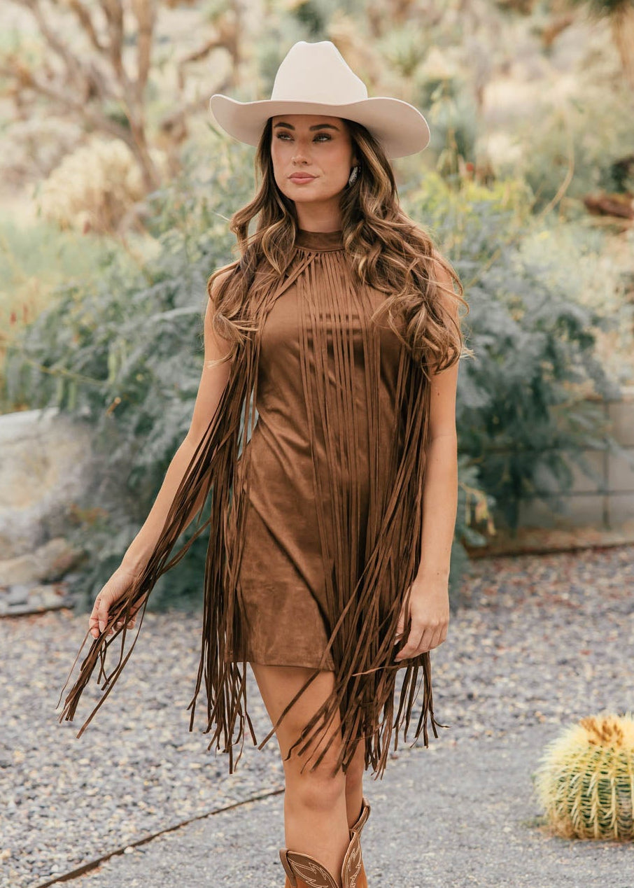 The "Prescott" Fringe Faux Suede Dress in Brown