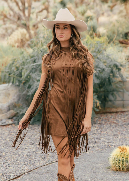 The "Prescott" Fringe Faux Suede Dress in Brown