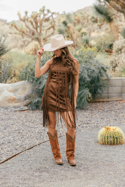 The "Prescott" Fringe Faux Suede Dress in Brown