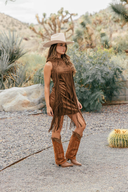 The "Prescott" Fringe Faux Suede Dress in Brown