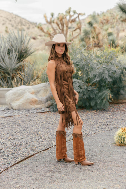 The "Prescott" Fringe Faux Suede Dress in Brown