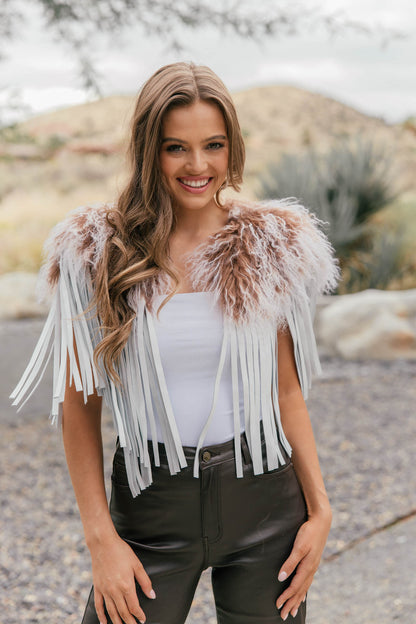 Vintage Mongolian Fur & Leather Fringe Collar