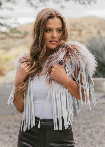 Vintage Mongolian Fur & Leather Fringe Collar