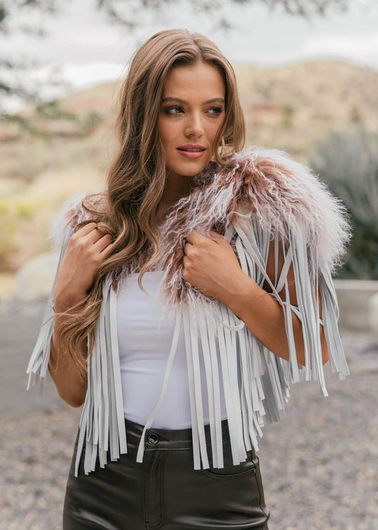 Vintage Mongolian Fur & Leather Fringe Collar