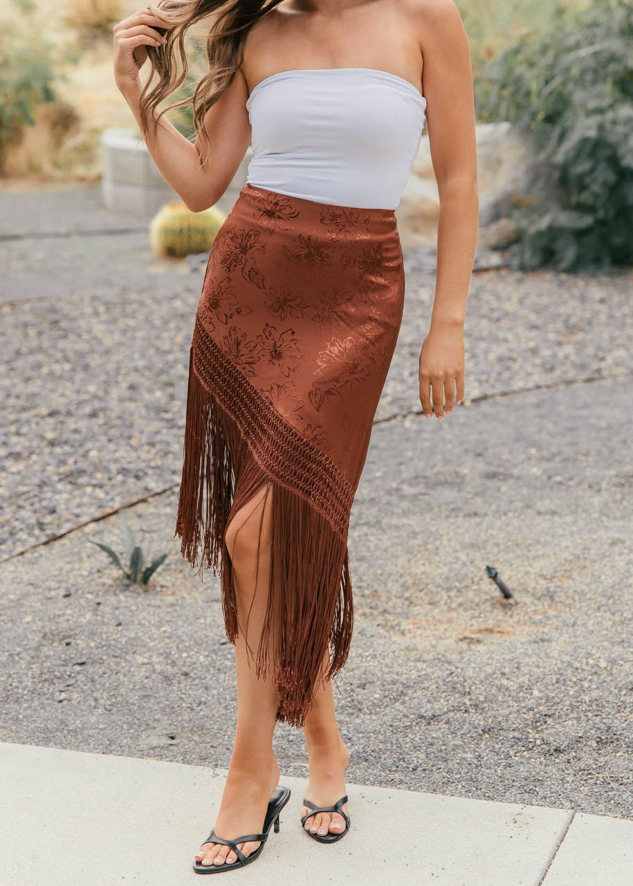 Satin Jacquard Fringe Midi Skirt - Brown - PREORDER