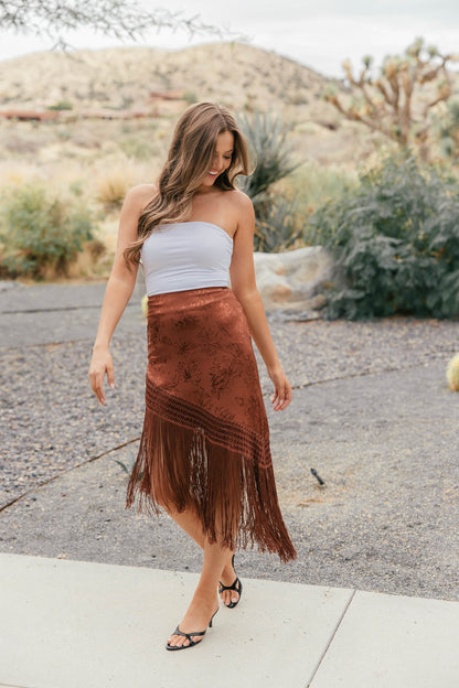 Satin Jacquard Fringe Midi Skirt - Brown - PREORDER