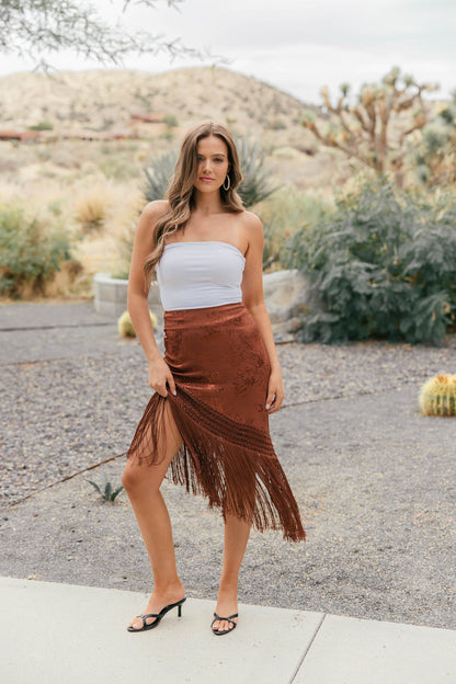 Satin Jacquard Fringe Midi Skirt - Brown - PREORDER