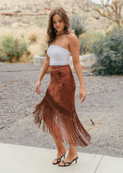 Satin Jacquard Fringe Midi Skirt - Brown - PREORDER