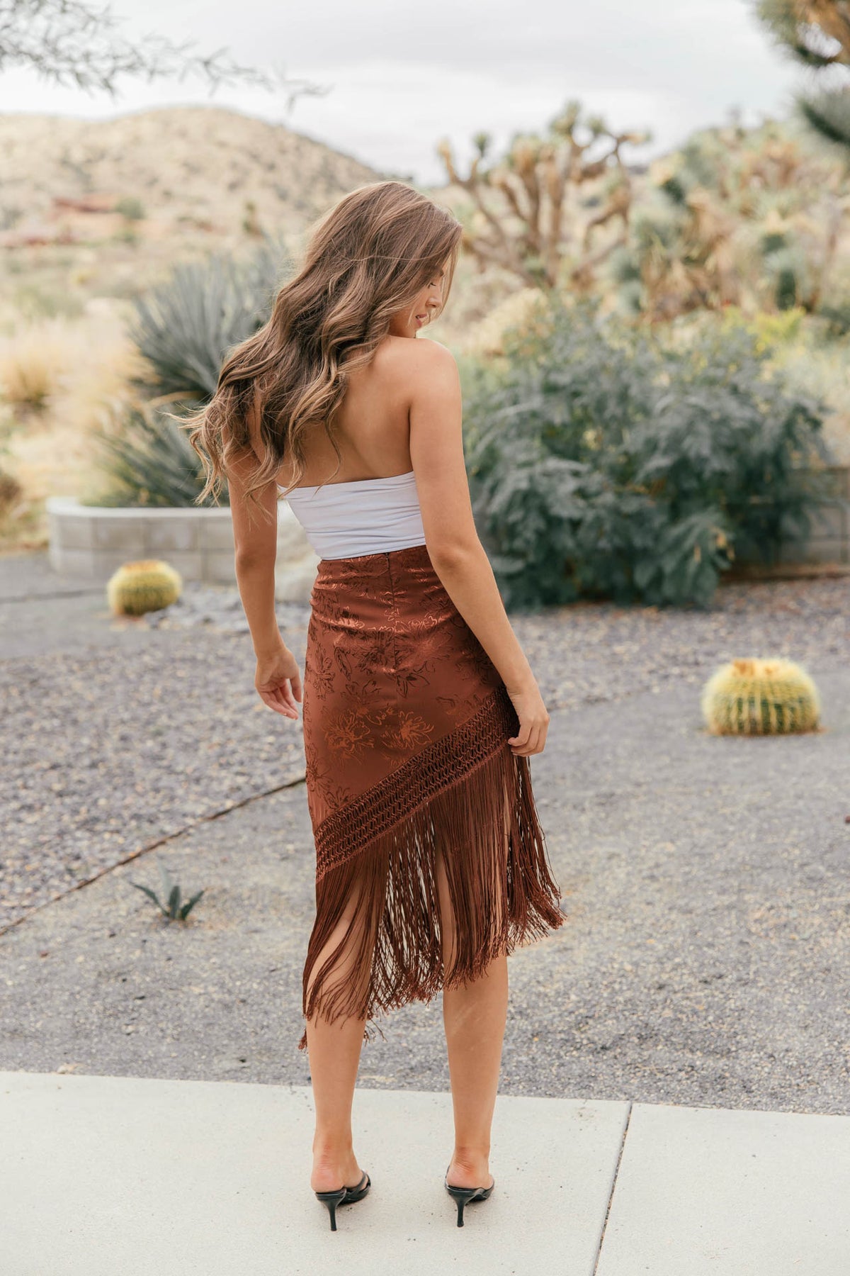 Satin Jacquard Fringe Midi Skirt - Brown - PREORDER