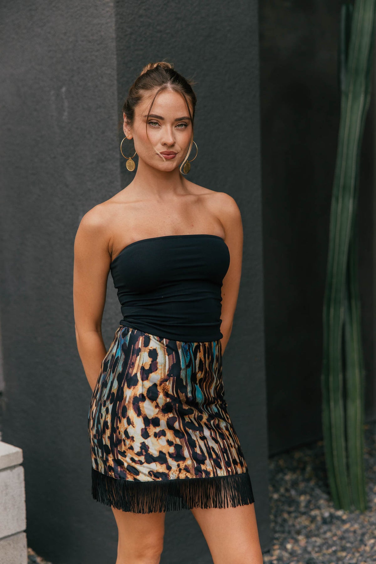 Wild Child Animal Print Fringe Mini Skirt