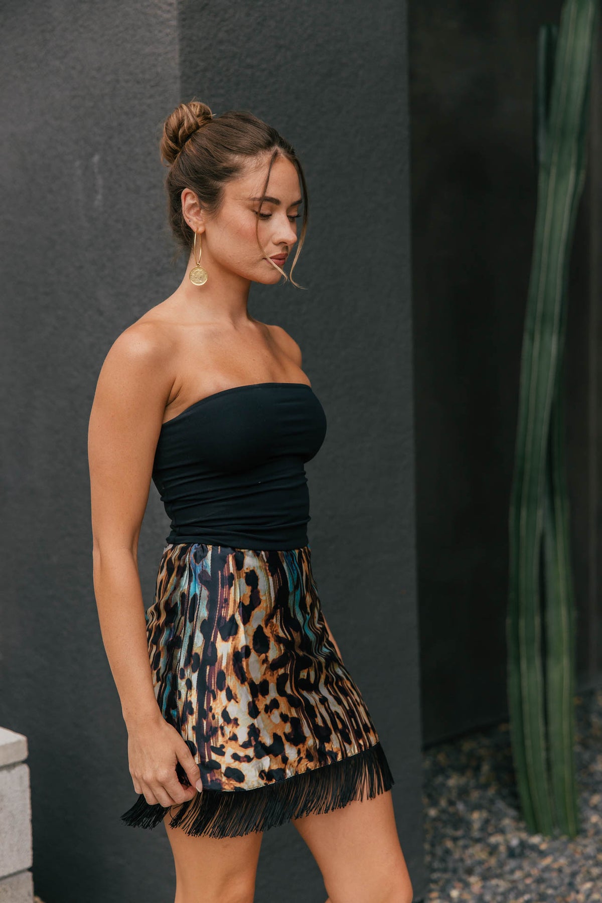 Wild Child Animal Print Fringe Mini Skirt
