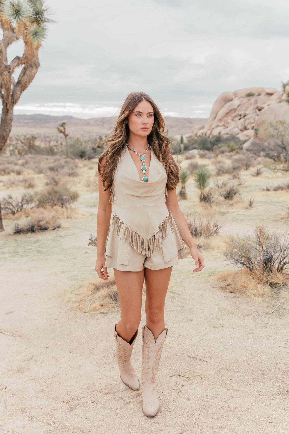 Dallas Suede Fringe Romper in Sand