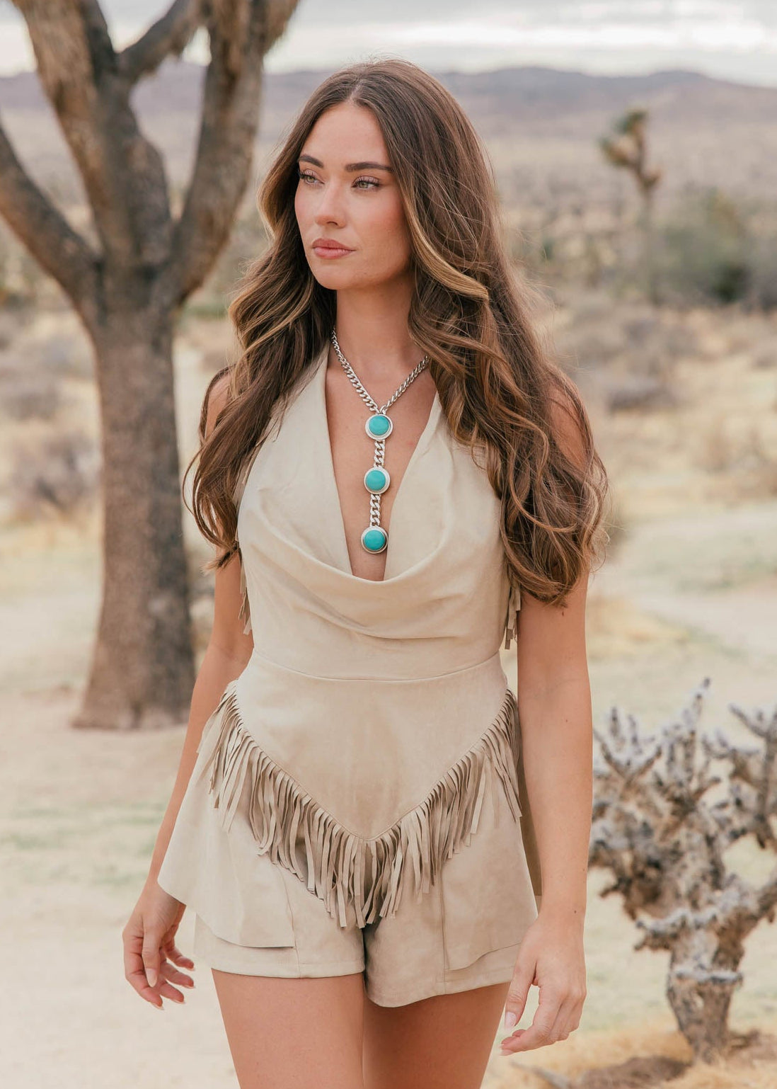 Dallas Suede Fringe Romper in Sand
