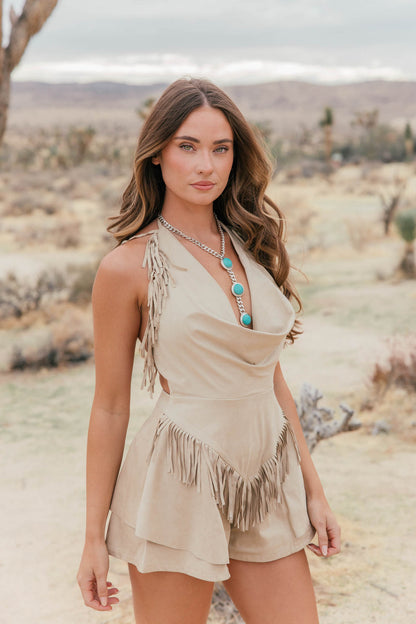 Dallas Suede Fringe Romper in Sand