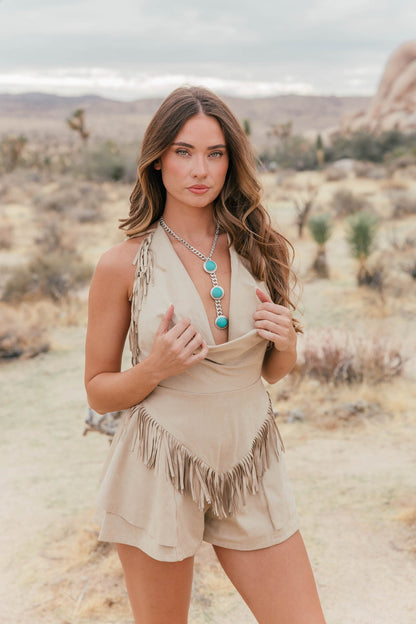 Dallas Suede Fringe Romper in Sand