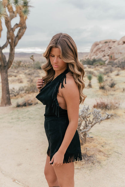 Stockyards Suede Fringe Romper in Black