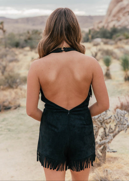 Stockyards Suede Fringe Romper in Black