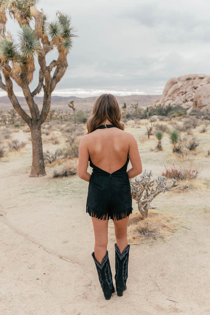 Stockyards Suede Fringe Romper in Black