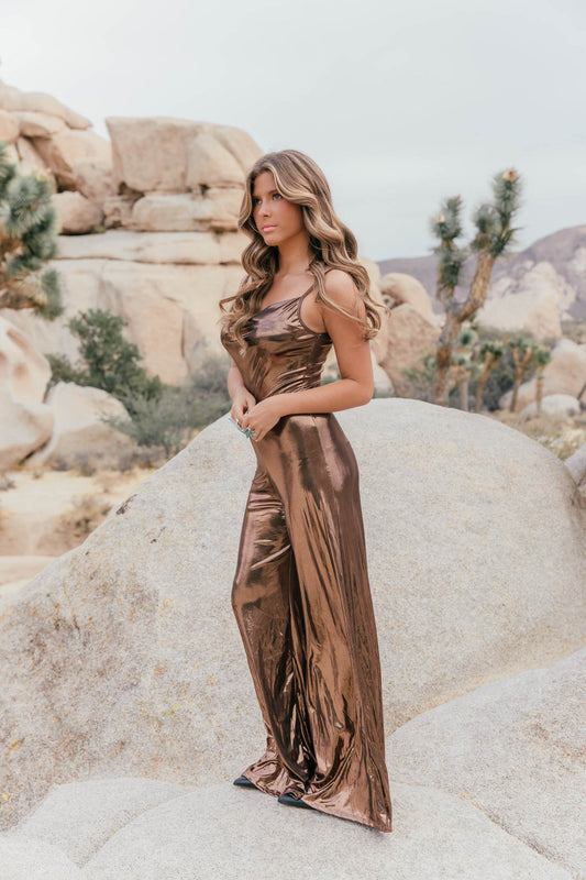 The "Standout" Cowl Neck Jumpsuit in Bronze