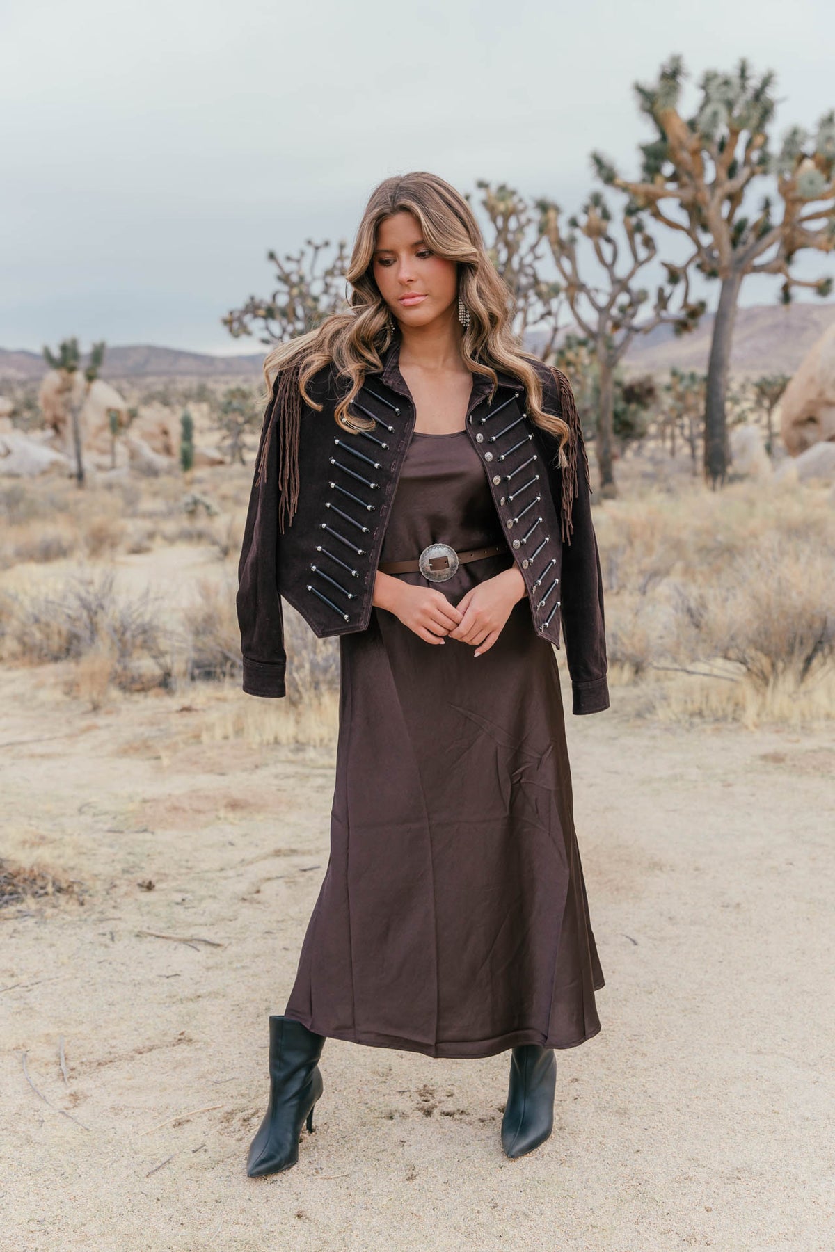 "Out West" Satin Midi Dress w/ Lace Scarf