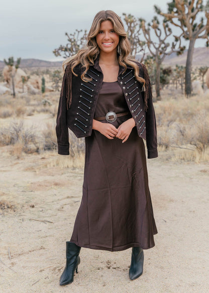 "Out West" Satin Midi Dress w/ Lace Scarf