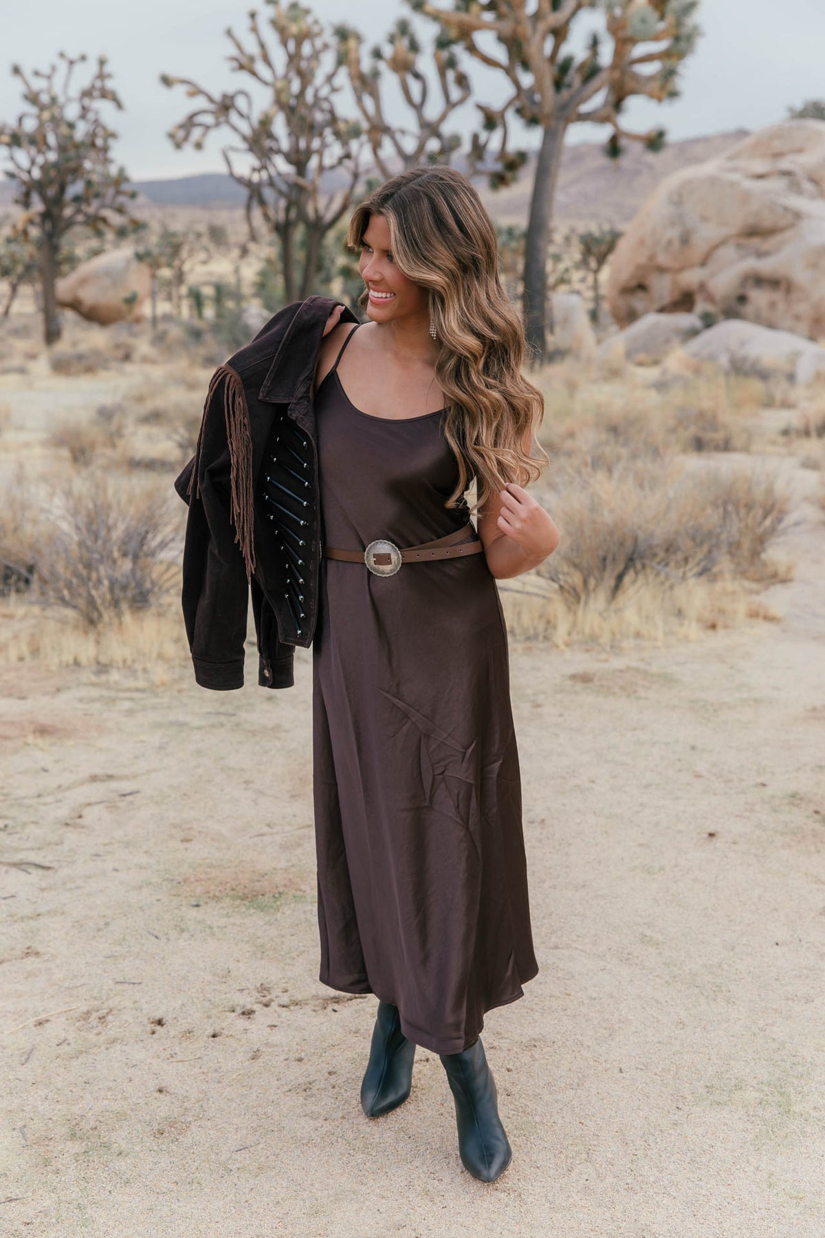 "Out West" Satin Midi Dress w/ Lace Scarf