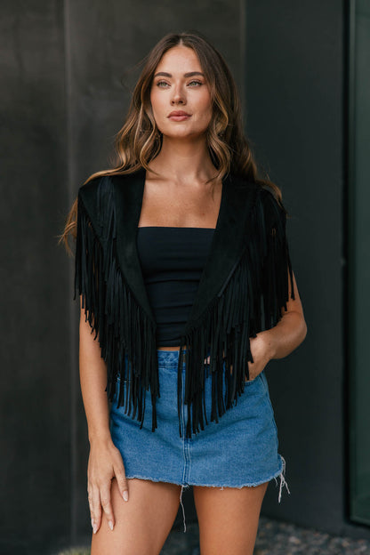 The "Bronc" Fringe Suede Shawl in Black
