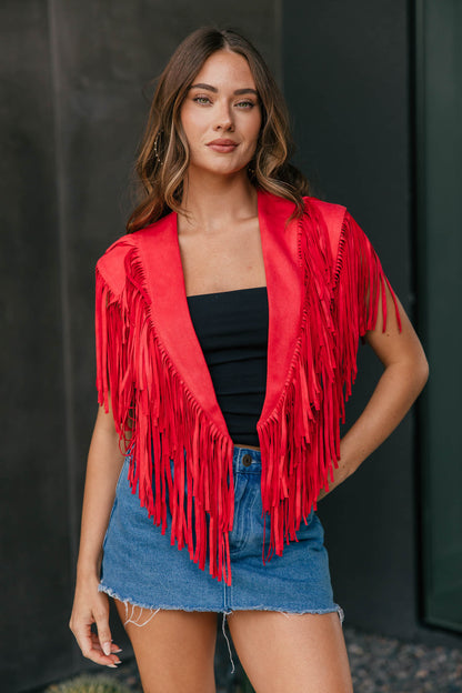 The "Bronc" Fringe Suede Shawl in Red