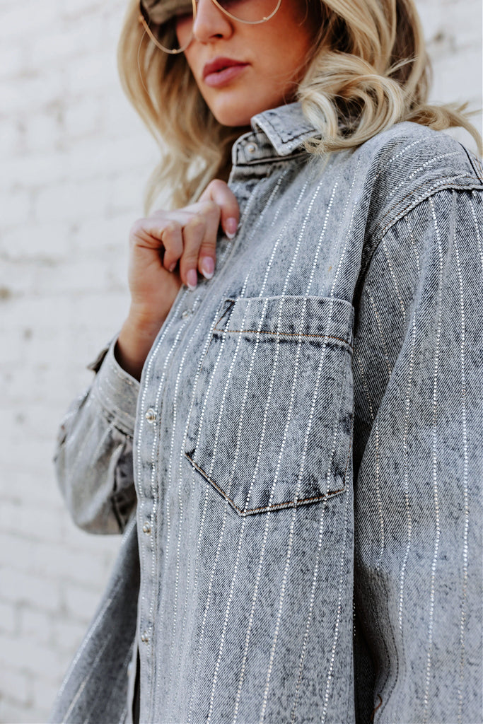 NEW!! Crystal Striped Denim Shacket in Blue Denim