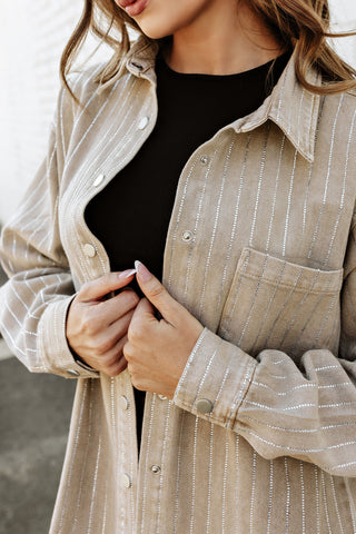 BEST SELLER!! Crystal Striped Denim Shacket in Beige