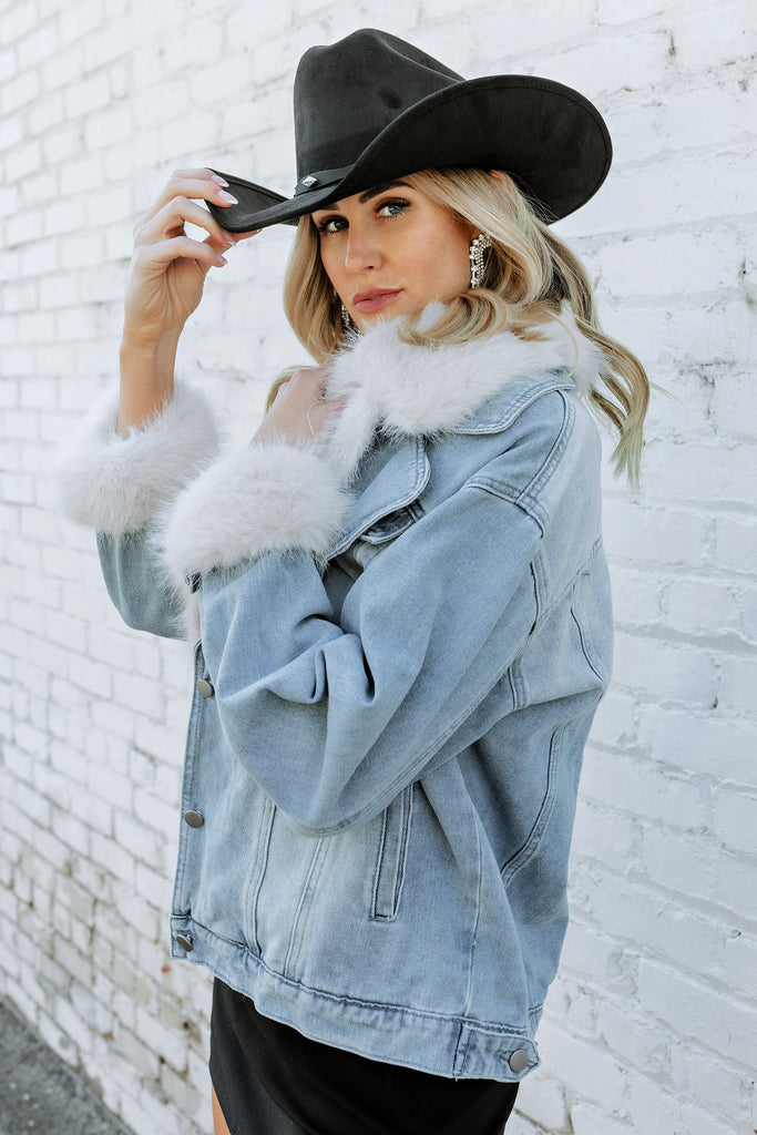 Cowboy jean jacket with fur best sale