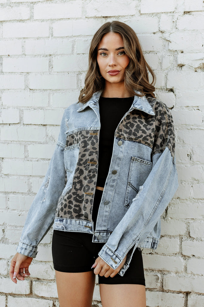 NEW!! Denim Jacket with Leopard Print