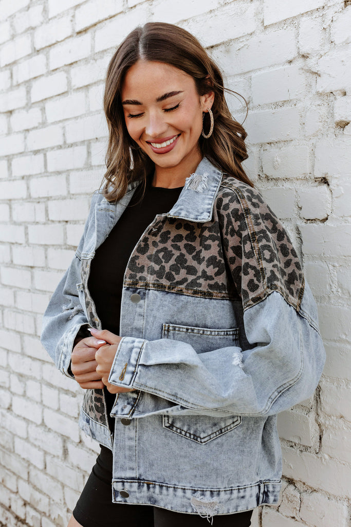 NEW!! Denim Jacket with Leopard Print