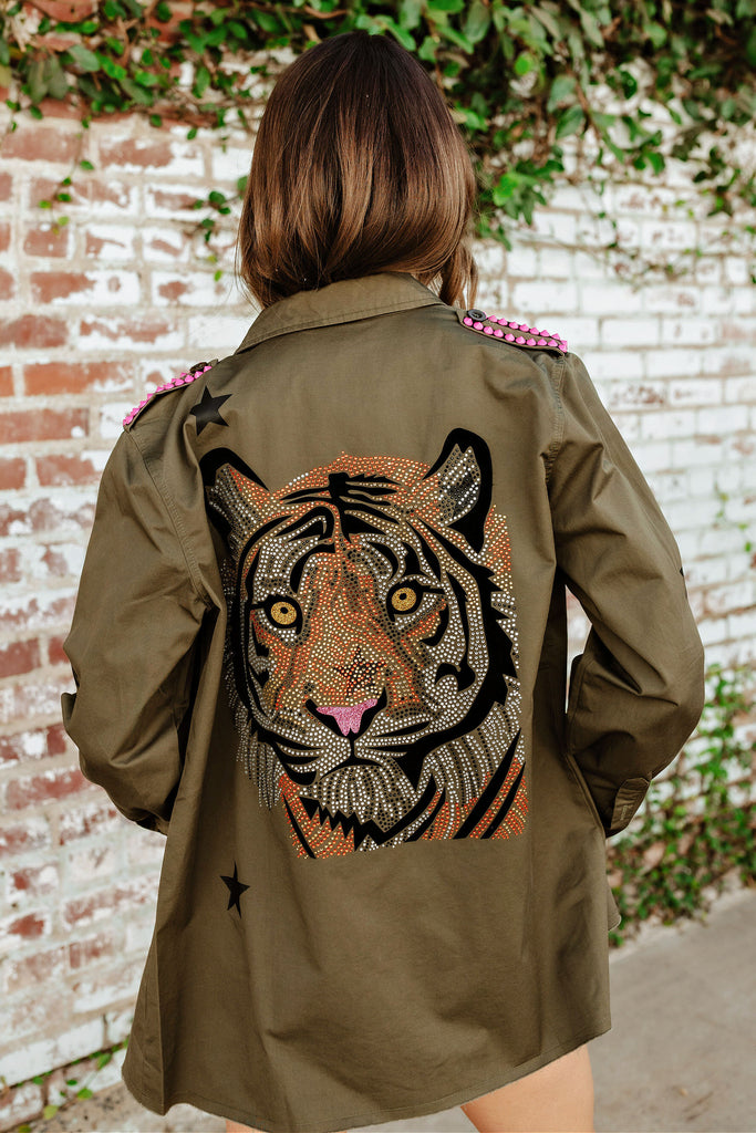 BEST SELLER!! Embellished Tiger Shacket & Rock Studs in Olive