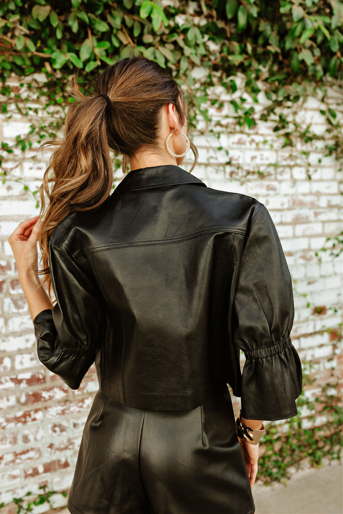 NEW!! Carolina Leather Ruffle Sleeve Jacket in Black by LaMarque