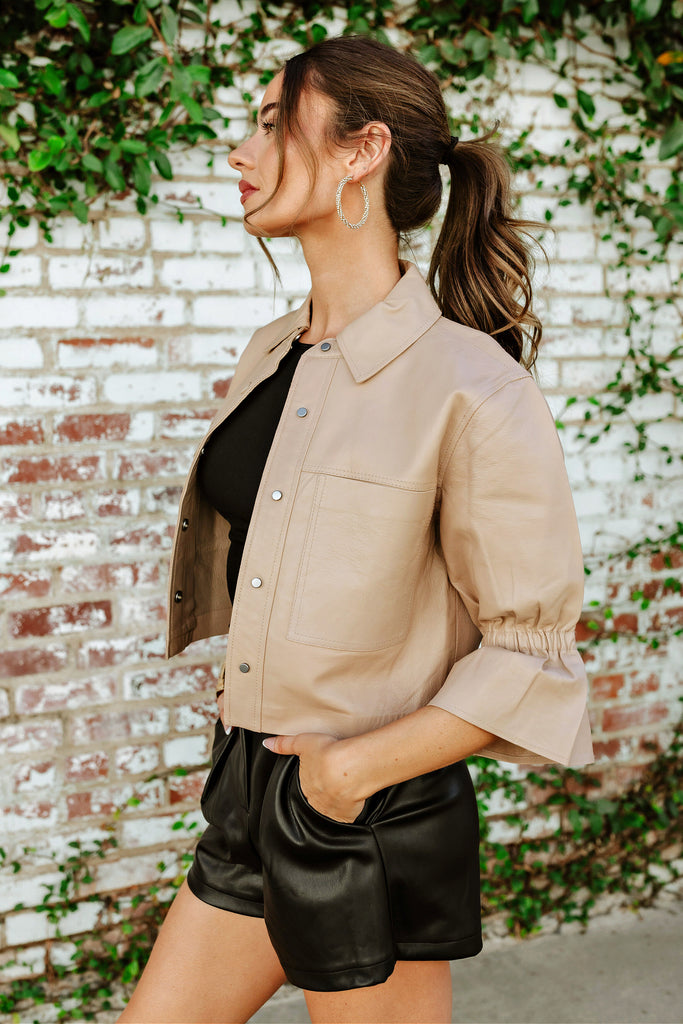 NEW!! Carolina Leather Ruffle Sleeve Jacket in Taupe by LaMarque