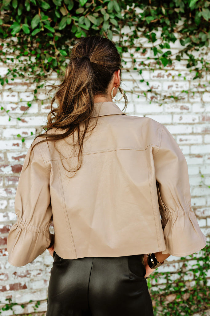 NEW!! Carolina Leather Ruffle Sleeve Jacket in Taupe by LaMarque