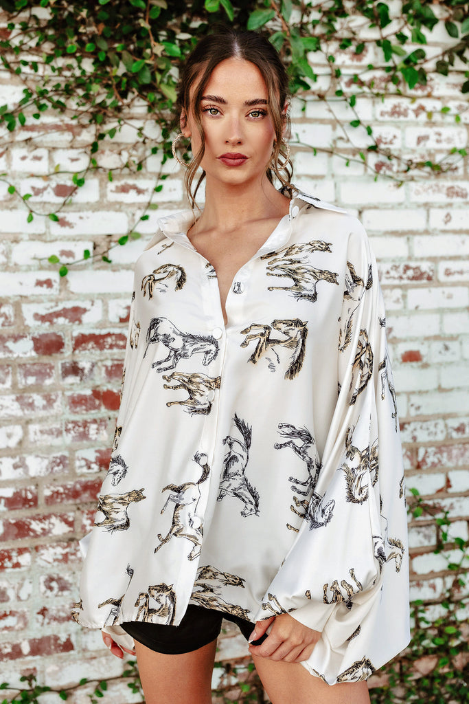 AS SEEN ON WEST DESPERADO!! Horseprint Satin Top in White