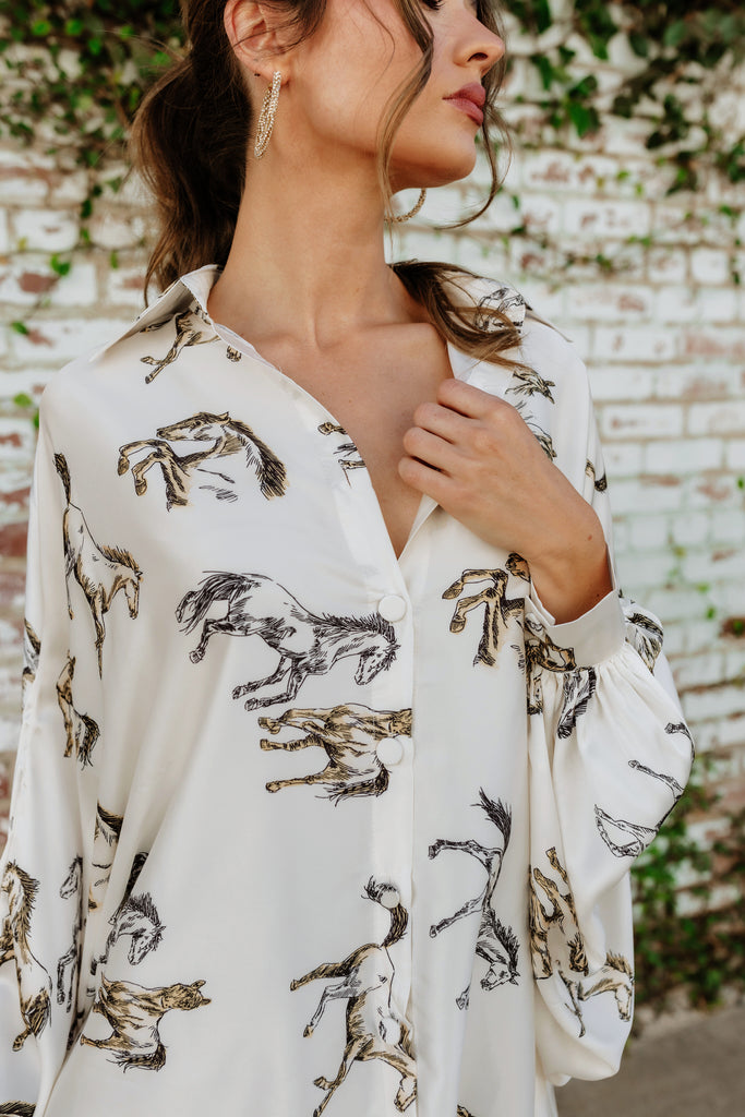 AS SEEN ON WEST DESPERADO!! Horseprint Satin Top in White