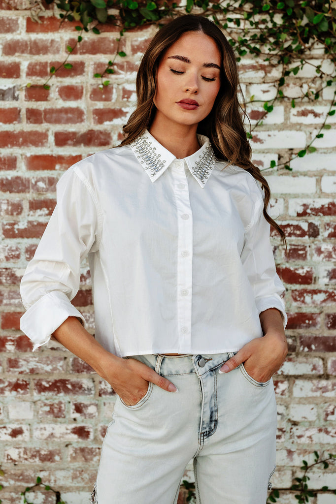 NEW!! Poplin Rhinestone Cuffed Shirt