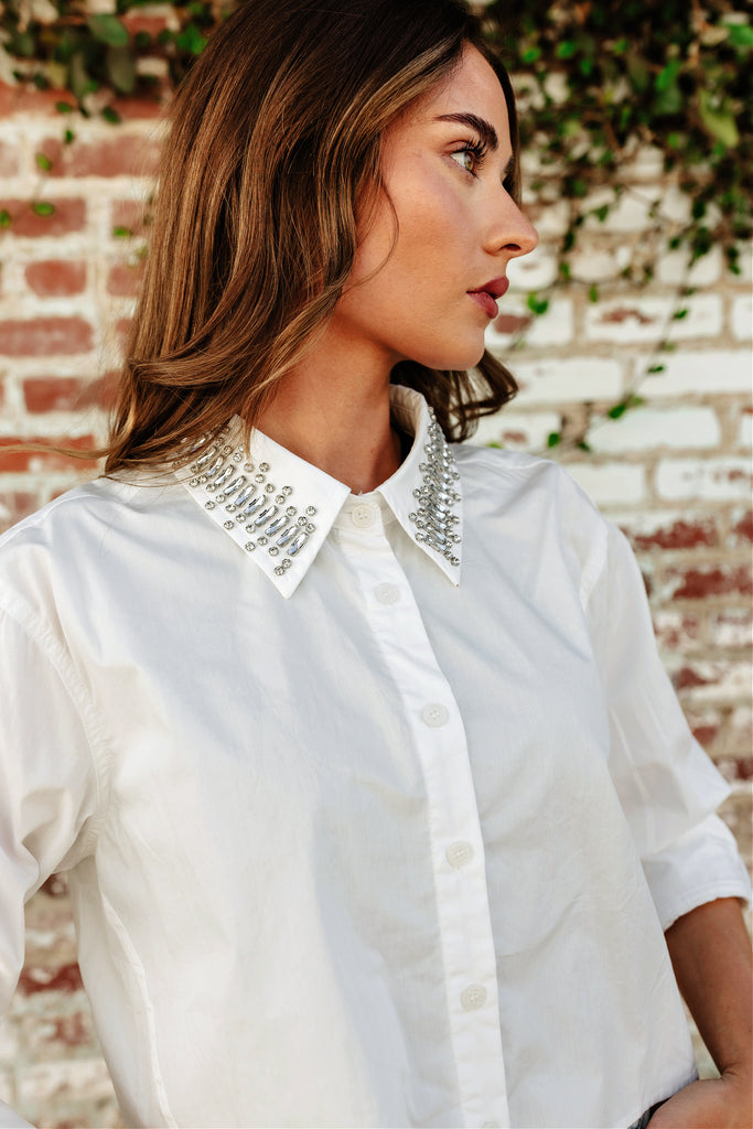 NEW!! Poplin Rhinestone Cuffed Shirt