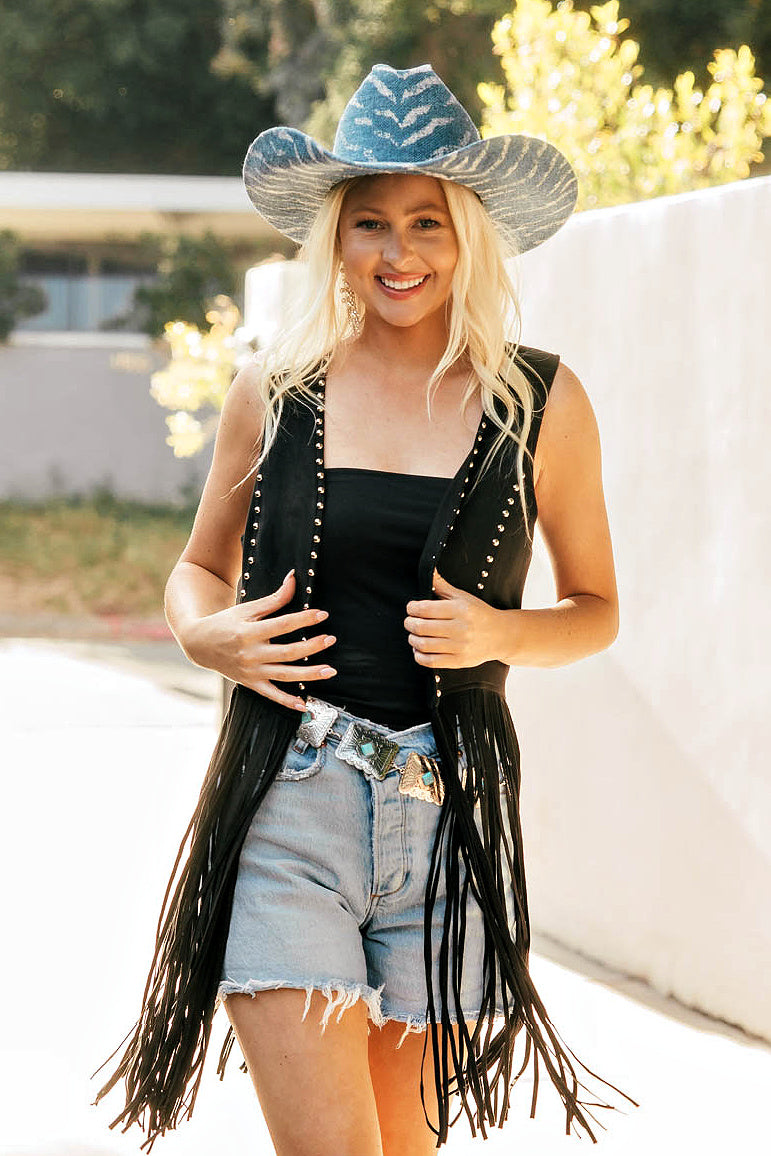 FINAL SALE!! "Shania" Studded Suede Fringe Vest Shawl in Black